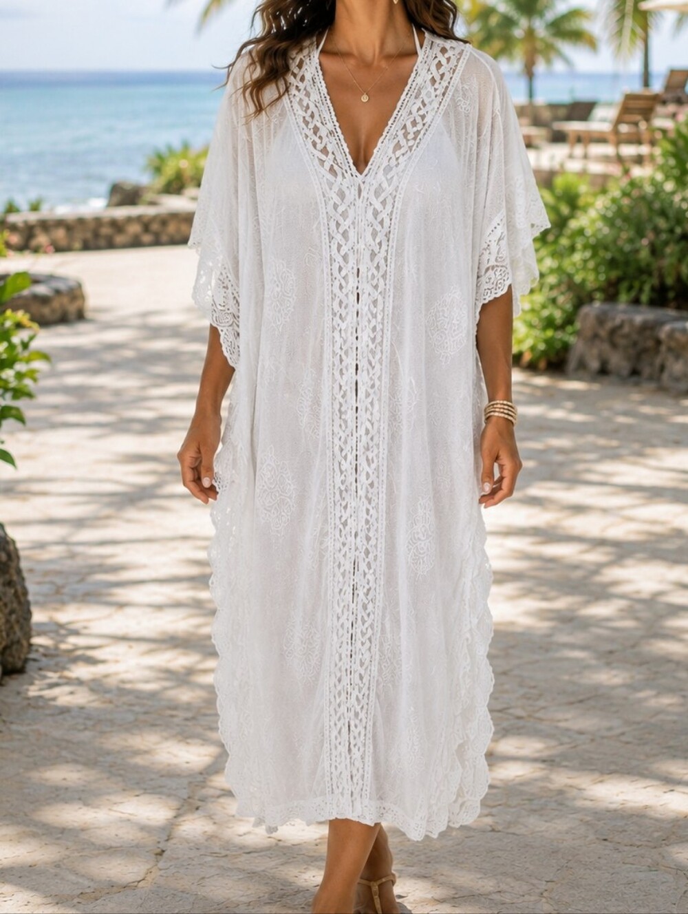 Ellian White Lace Caftan Robe Sheer Embroidered Boho Beach Cover Up Sleepwear